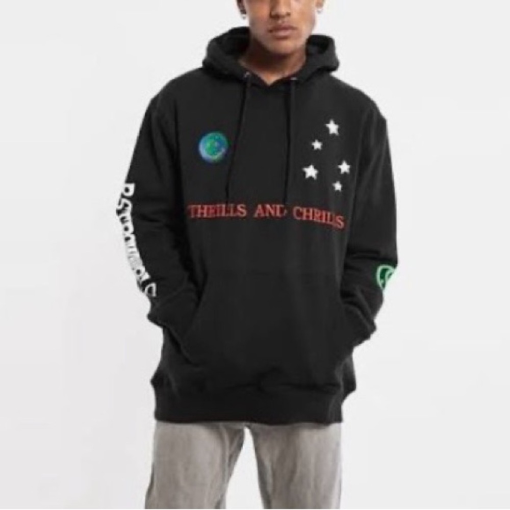 Travis Scott Black Hoodie with Multicolor Graphic and Red Peace Symbol
